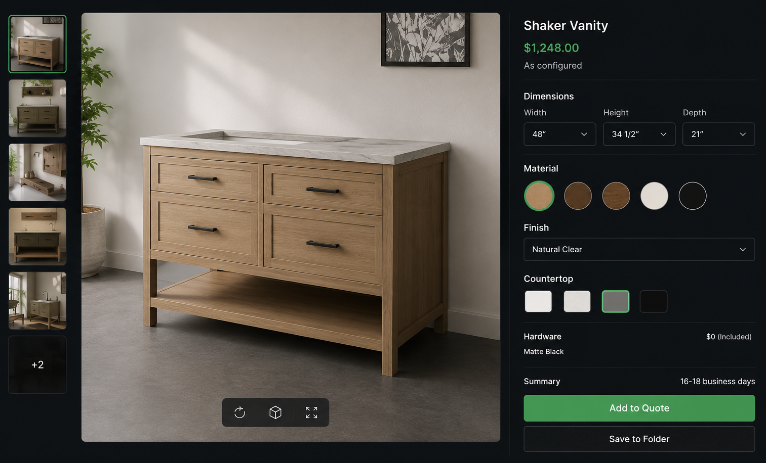Sample vanity configurator with product preview, dimensions, material options and quote controls