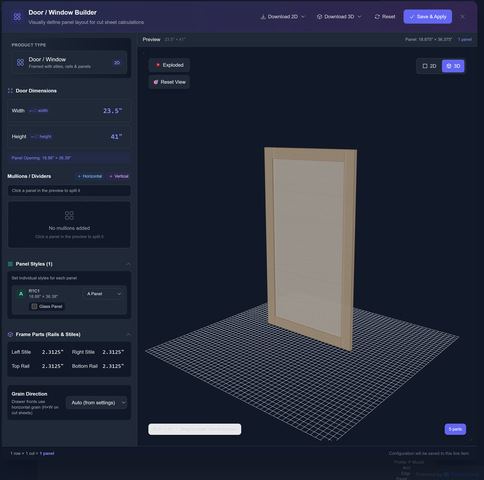TimberCloud visual product builder configuring a custom door