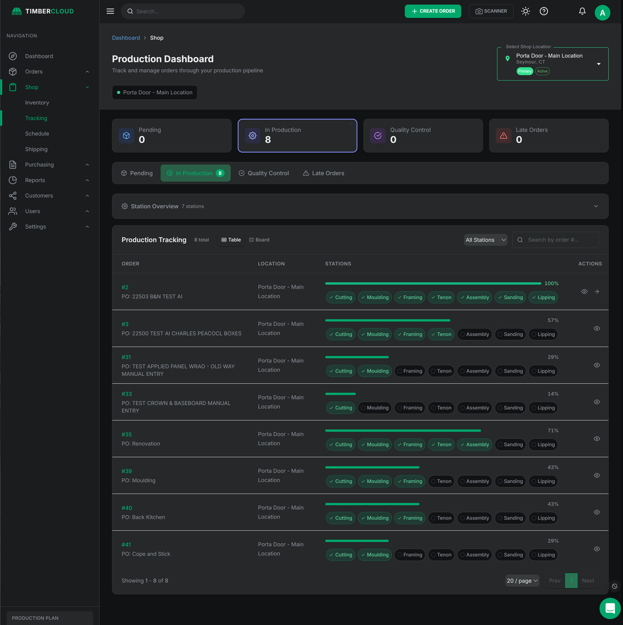 TimberCloud production tracking board with per-station progress
