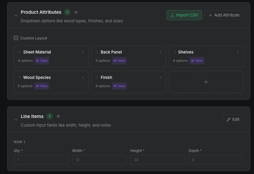 Product setup in TimberCloud showing attributes for sheet material, back panel, shelves, wood species and finish, above line item fields for quantity, width, height and depth.