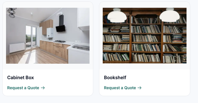 Two product cards on a shop website — Cabinet Box and Bookshelf — each with a Request a Quote link.